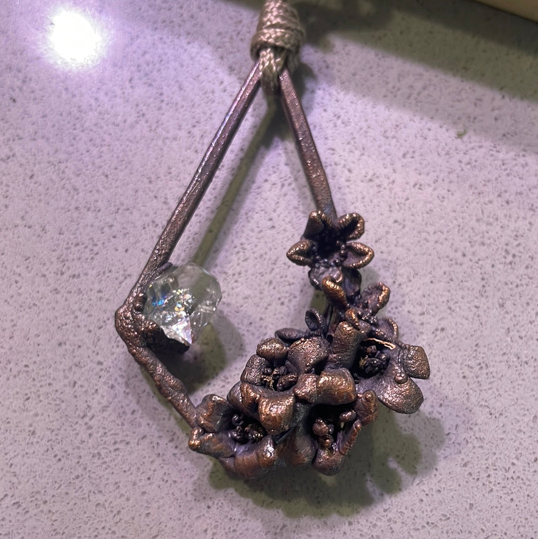 Bluebells and Herkimer Diamond Quartz Real Copper Plated Flower Pendant