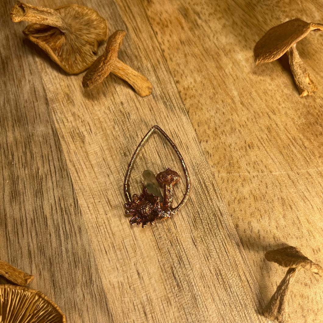 Real Copper Plated Mushroom Pendant with a Starflower and Phantom Quartz