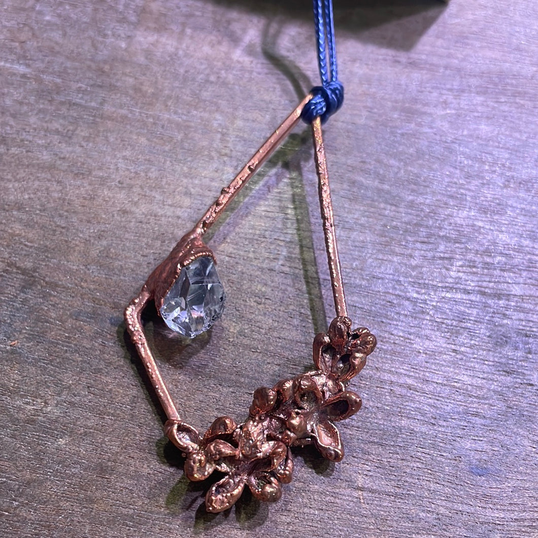Lilac and Herkimer Diamond Quartz Real Copper Plated Flower Pendant